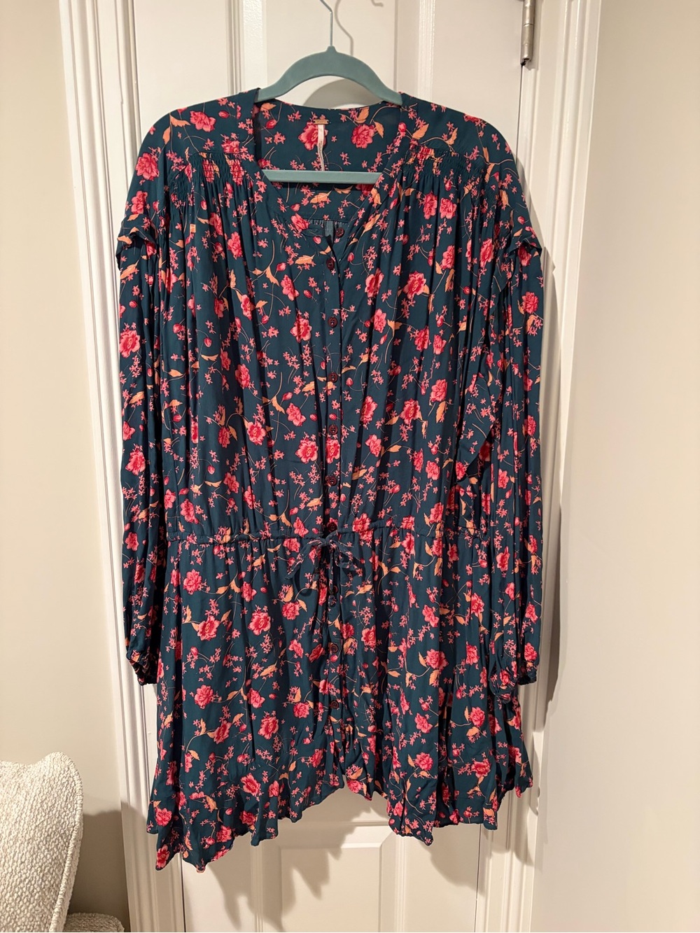 Free People Dark Teal Floral Long Sleeve Dress with Coral Roses